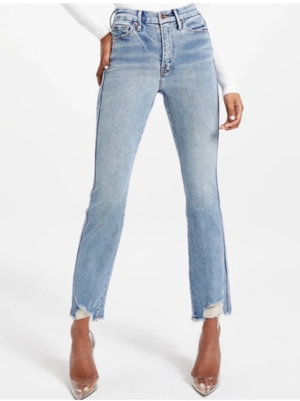 GOOD AMERICAN Good Curve Straight Leg Jeans Distressed Ripped Hem Size 18